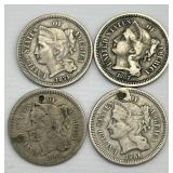 2-1865, 1-1867, 1-1871 Three Cent Nickels.