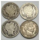 4 90% Silver 1906-1912 Barber Dimes.