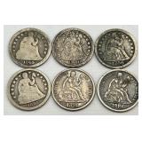 6 90% Silver 1849-1886 Seated Liberty Dimes.