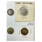4 1865-1868 Three Cent Nickels.