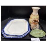 2 Blue Feather Edge Platters, 2 Ceramic Vases.