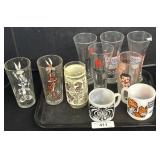 Character Glasses, Milk Glass Mugs.