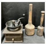 Coffee Grinder & Primative Carved Wooden Mallets.