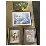 4 Art Prints (Landscape, Jesus, MG Car.