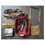 Bushnell Binoculars, Flashlights, Leather Bag.
