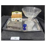 Silver Serving Tray, Pedestal Dish, Salt Box.