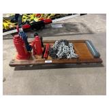 Vtg Mechanic Creeper, (4) Bottle Jacks, Chain.