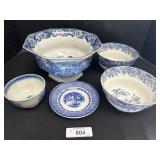 Blue & White Transferware Bowls, Cup & Saucer.
