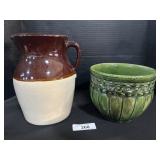 2 Toned Stoneware Pitcher, Jardiniere Planter.