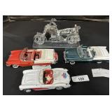 Glass Motorcycle Figurine, 3 Die Cast Cars.