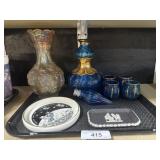 Carnival Glass Vase, Wedgewood, Glass Decanter.