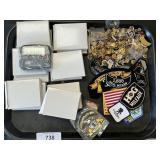 Costume Pins, Calculator Clocks, Patches.