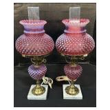 2 Pink Hobnail Glass Electric Hurricane Lamps.