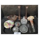 Hummel Trinket Box, Pink Depression Glassware.