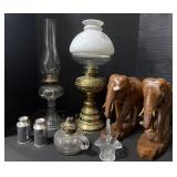Wooden Elephant Statues, Oil Lamps, Glass Basket.