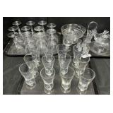 Etched Stemmed Glasses, Shot Glasses, Basket.