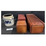Lebanon Pa Stoneware Crock, 3 Wooden Boxes.