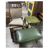 Oak & Cane Rocker, Vtg Vinyl Ottoman, Side Table.
