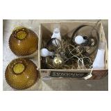 2 Hanging Light Fixtures w/ Amber Hobnail Shades.