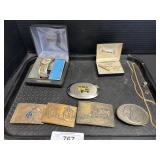 5 Belt Buckles, Anton Cufflink Set, Waltham Watch.