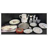 Floral German Plates, EPAG Glass, Figurines.