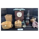 Woven Baskets, Hurricane Lamp, Mantel Clock.
