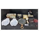 Milk Glass Jewelry Dishes, Mirror, Coin Purses.