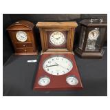 3 Wood Cased Mantel Clocks, Wall Clock.
