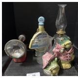 2 Frog Jars, Flashlight, Decanter, Hurricane Lamp.