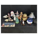 Santa Jar, Punched Tin Lamp Shade, Snowmen.