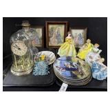 Collectors Plates, Clock, Wall Art, Lady Figures.
