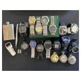 14 Fashion Wrist Watches, 3 Pocket Watches, Flask.
