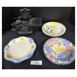Crescent Cast Iron Mini Stove, Floral Plates.