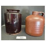Brown Glazed Redware Jar & Stoneware Jug.