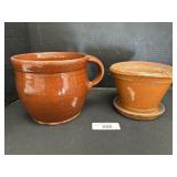 Vintage Redware Crock W/ Handle, Redware Pot.