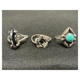 3 Sterling Silver Rings, Turquoise, Hematite.