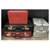 2 Brief Cases, Makeup Case & Wooden Box.
