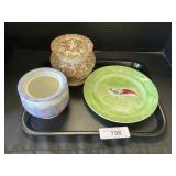 Peafowl Spongeware Plate, 2 Spongeware Jars.