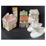 House Shaped Jars & Ceramic Bird Statues.
