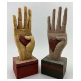 Folk Art Wooden 'Heart in Hand' Statuettes.