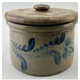 19th C. Blue Slip Stoneware Cake Crock & Lid.