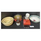 Stoneware Jar & Watt Oven Ware Bowl, Dog Figure.