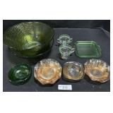 Uranium Glass Tray, Carnival & Green Glass Bowls