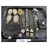 5 Police Badges, 4 Metal Whistles.