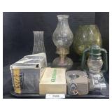 Oil Lamps, Green Glass Vase, Lantern.