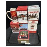 5 Budweiser Steins & 1 Motorcycle Ornament.