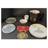 Stoneware Pitcher, Navy & Hershey Patches, Plates.