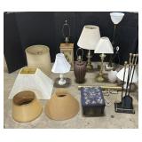 9 Lamps, Cross-Stitch Stool, Fireplace Tools.