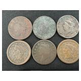 6 Large Cent Pennies.