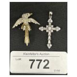 Sterling Silver Cross Pendant & Bird Brooch
